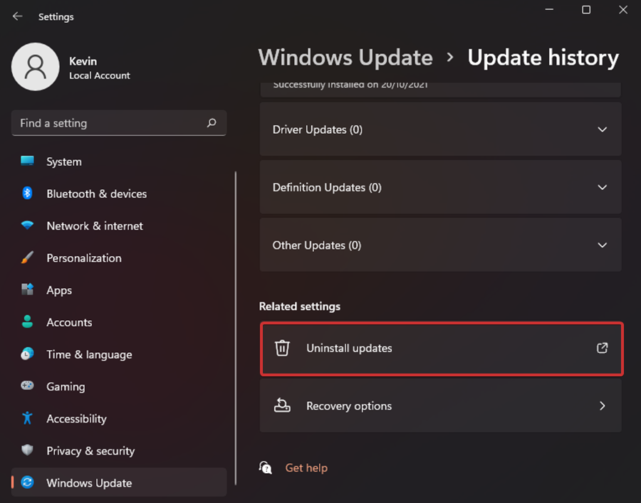 Удаление обновлений