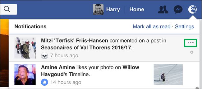 Меню уведомлений в веб-версии Facebook