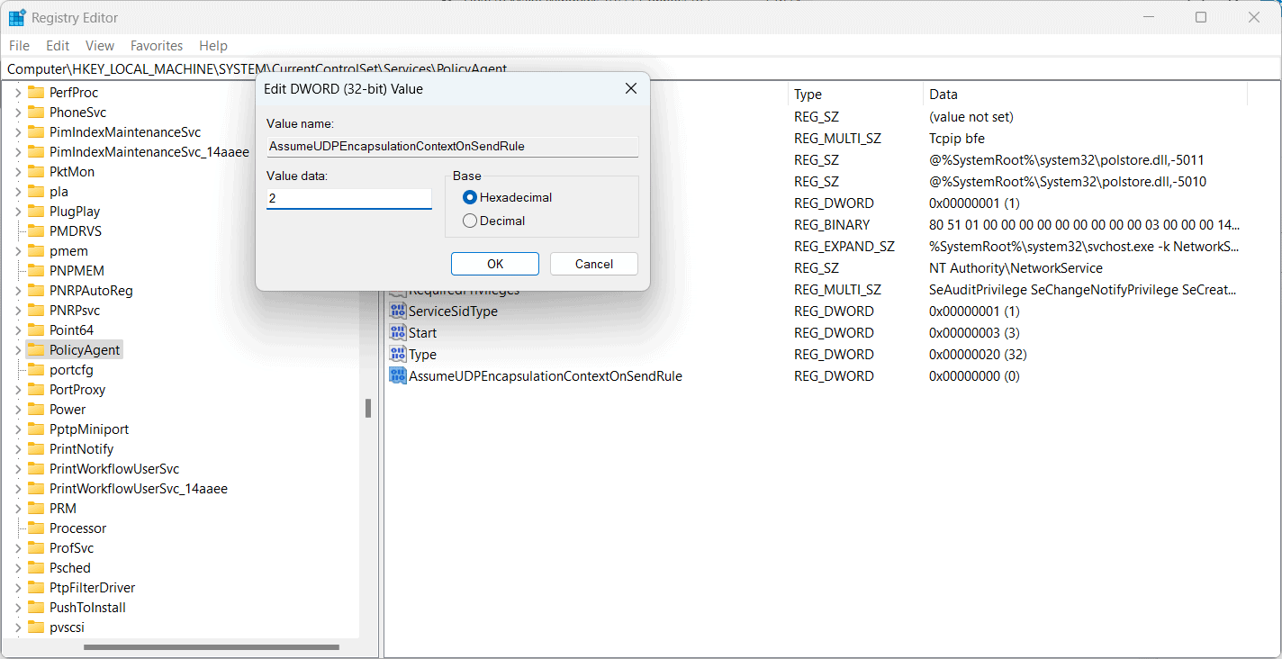 Установка значения AssumeUDPEncapsulationContextOnSendRule = 2 в реестре