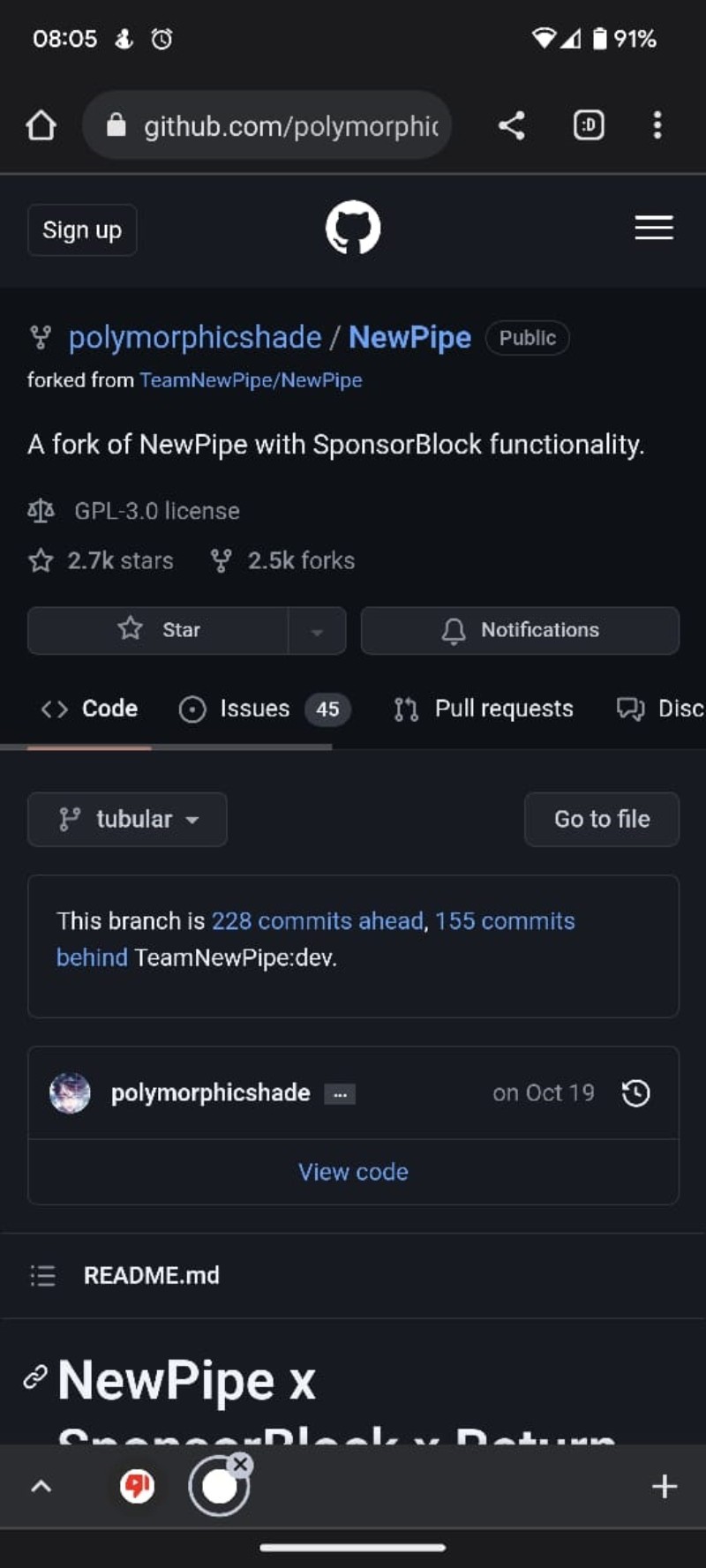 Страница GitHub репозитория NewPipe