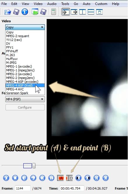 Выбор кодека Xvid в меню Video