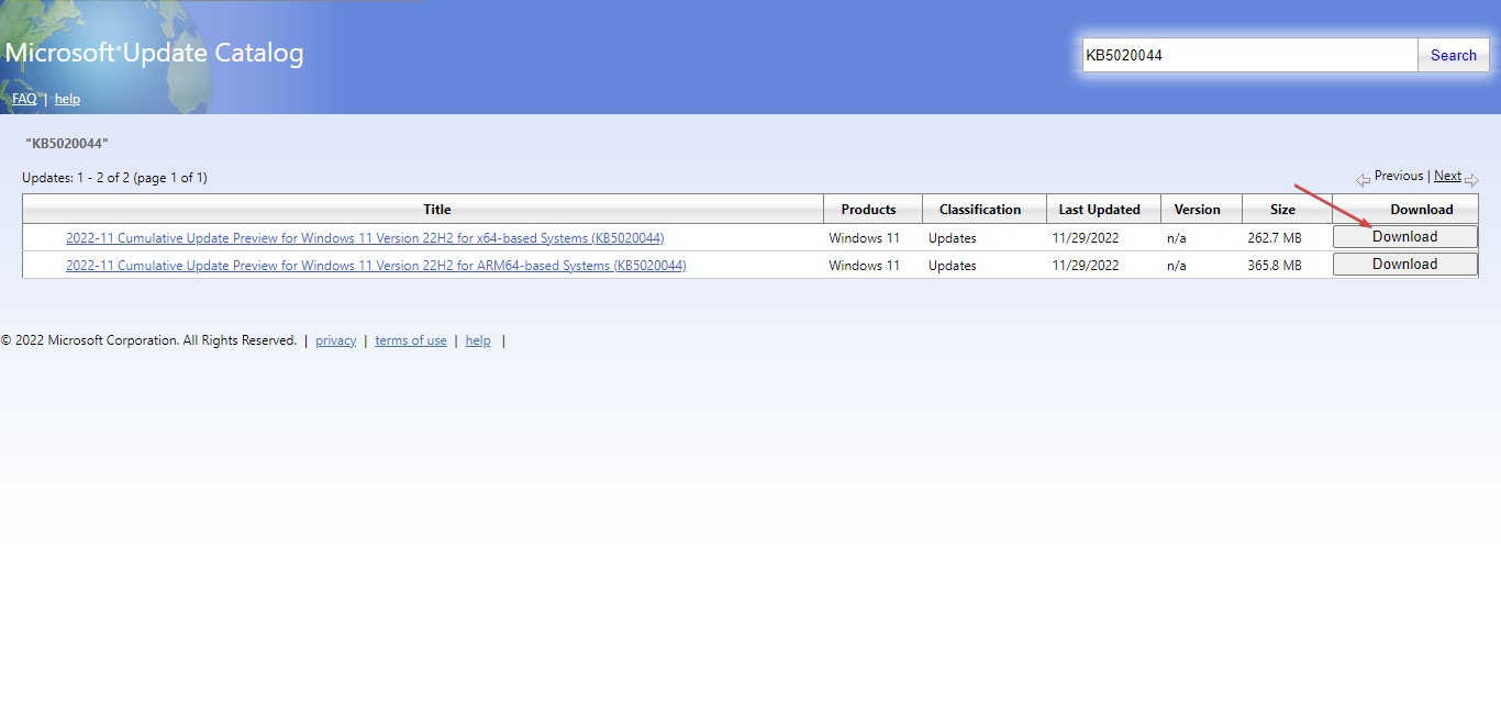 Кнопка Download рядом с выбранным KB-обновлением