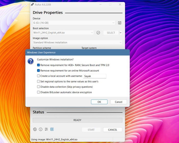 Настройки кастомной установки Windows 11 в Rufus для обхода требований TPM и Secure Boot.