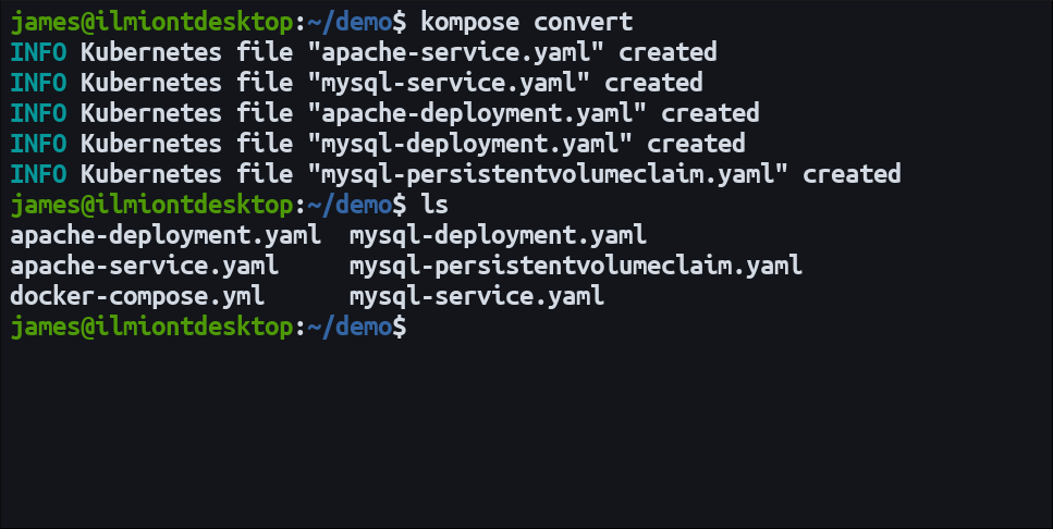 Скриншот: Kompose создал Kubernetes-манифесты из Docker Compose