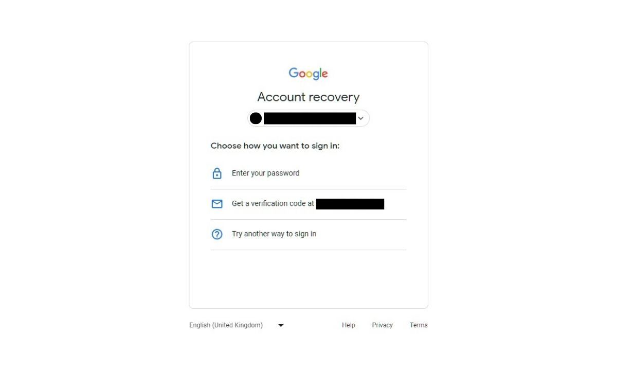 A screenshot of the Choose a Way to Sign In section during the Google Account recovery
