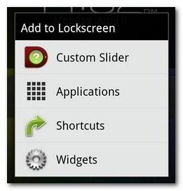 Меню добавления: слайдер, приложение, ярлык, виджет