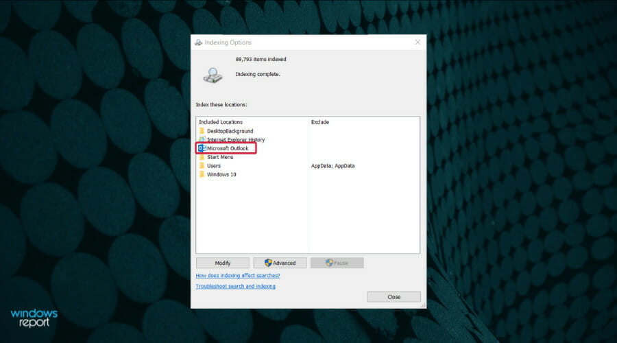 Убедитесь, что Microsoft Outlook включён в индексируемые места