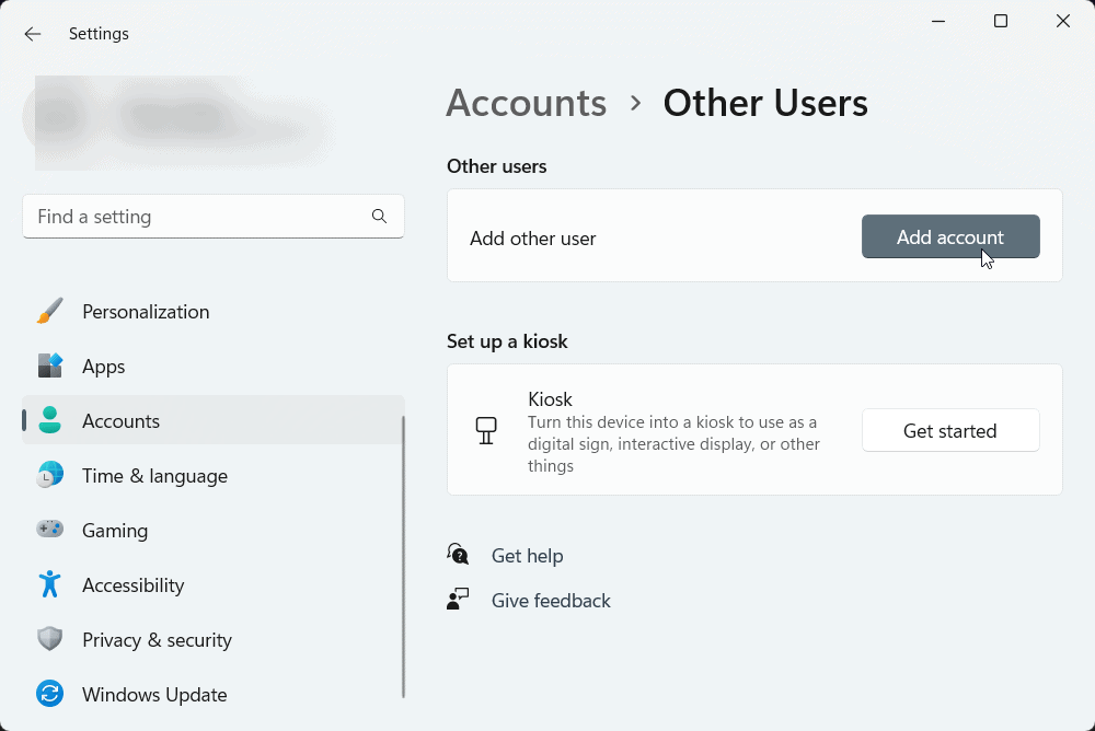 Добавление учётной записи Windows
