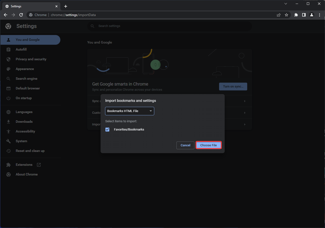 Выбор HTML-файла для импорта в Chrome