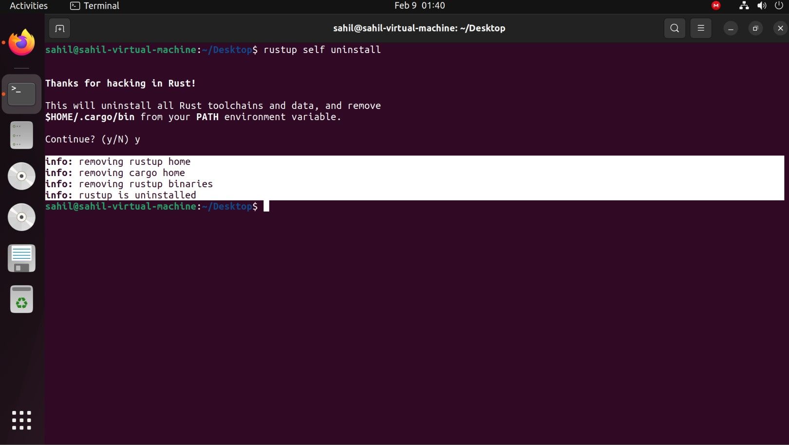 Окно терминала Ubuntu при удалении rustup