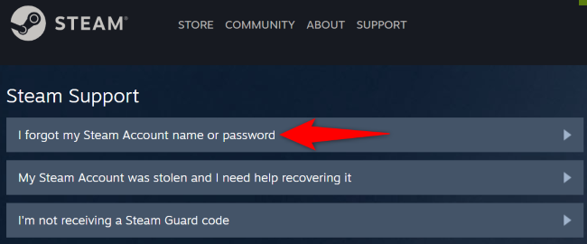 Выберите «Я забыл имя учётной записи или пароль Steam».