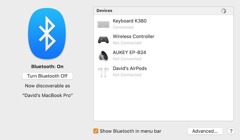 Меню Bluetooth в строке меню macOS
