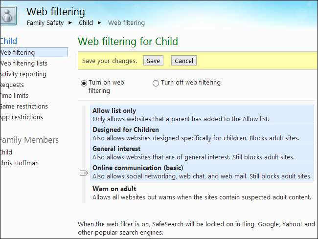 Параметры веб-фильтрации и уровни блокировки в семейной безопасности