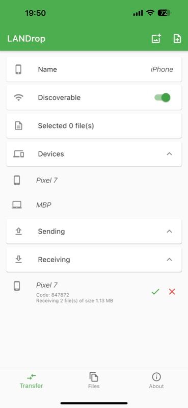Выбор принимающего устройства в LANDrop на Android