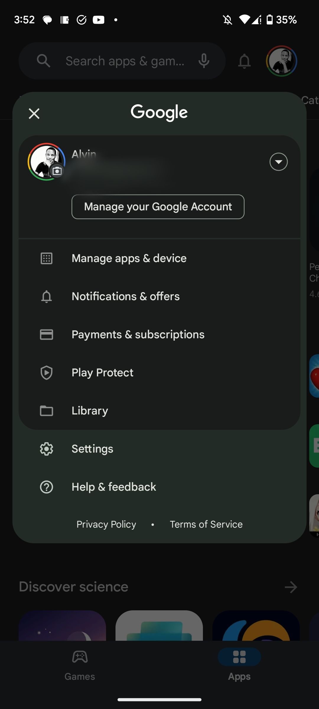 Меню Google Play
