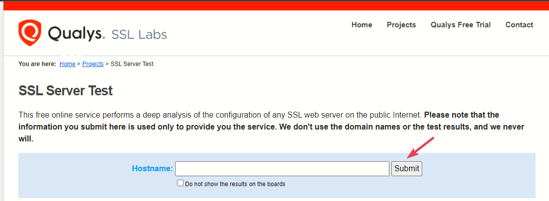 Pagina di test SSL Labs per analizzare la configurazione del certificato SSL