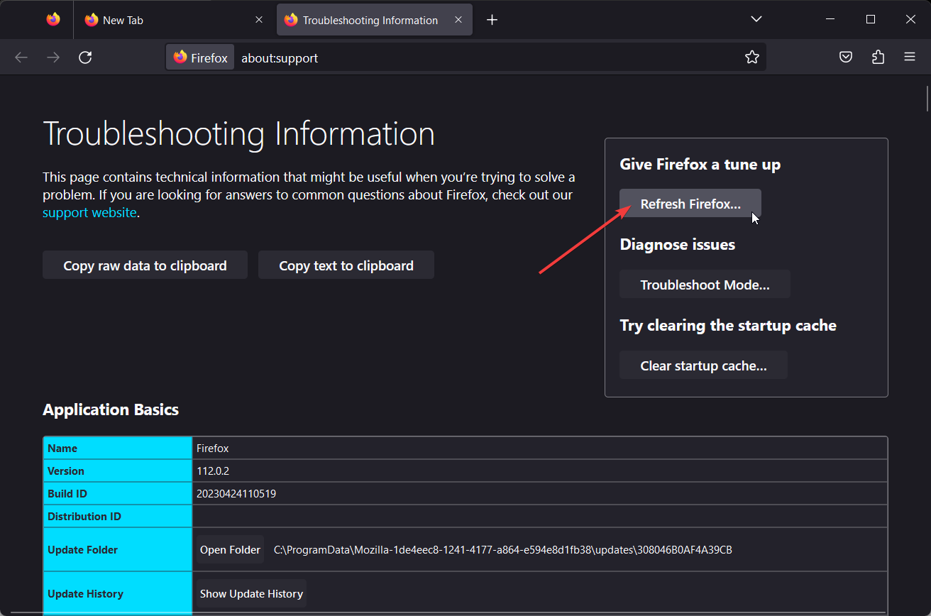 Кнопка 'Обновить Firefox' в разделе настройки