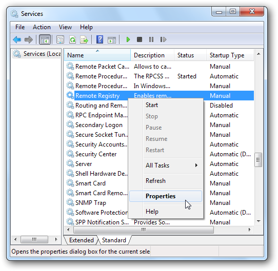 Окно служб Windows с выделенной службой «Remote Registry»