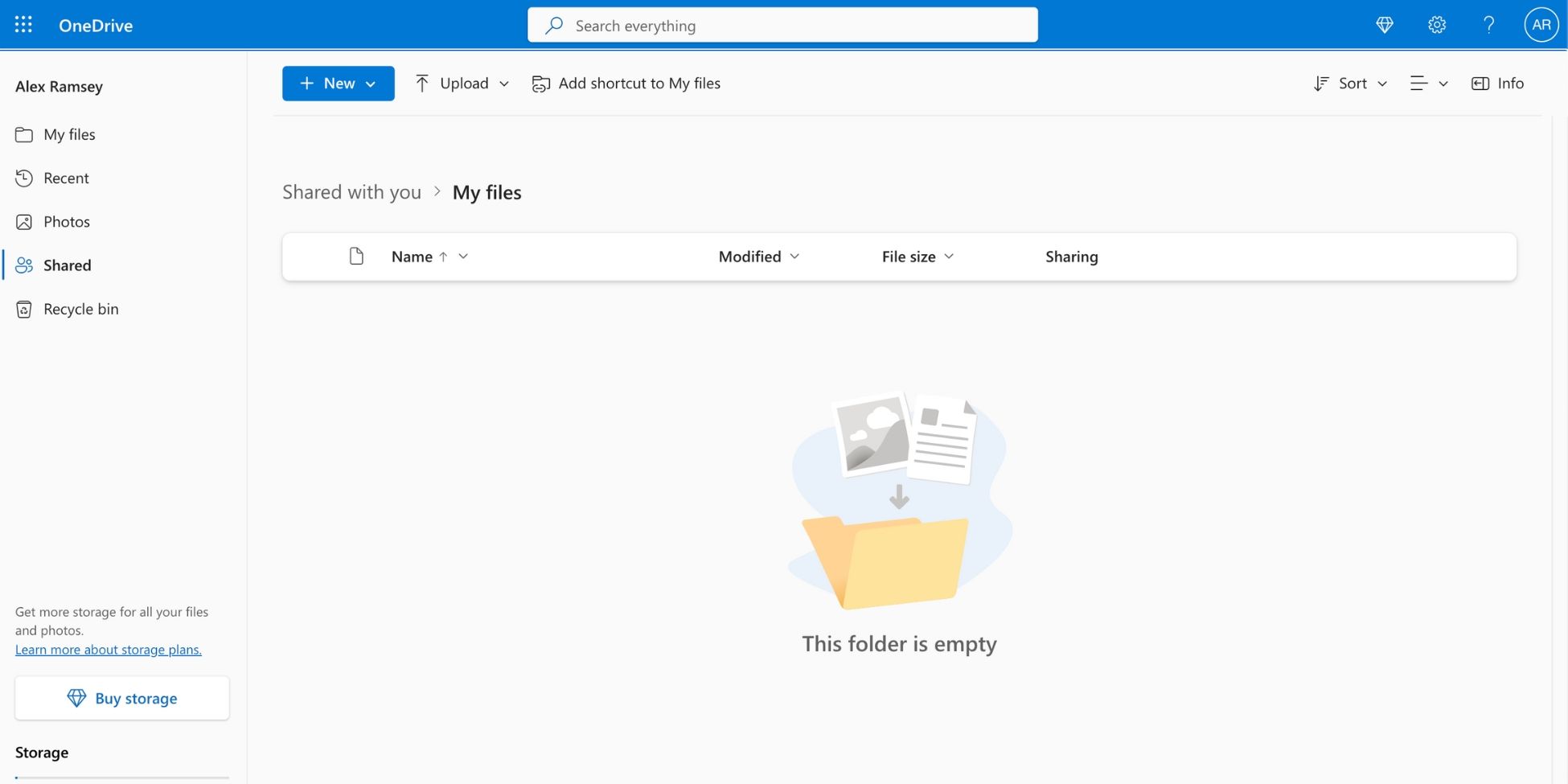 Интерфейс учетной записи OneDrive с файлами и папками