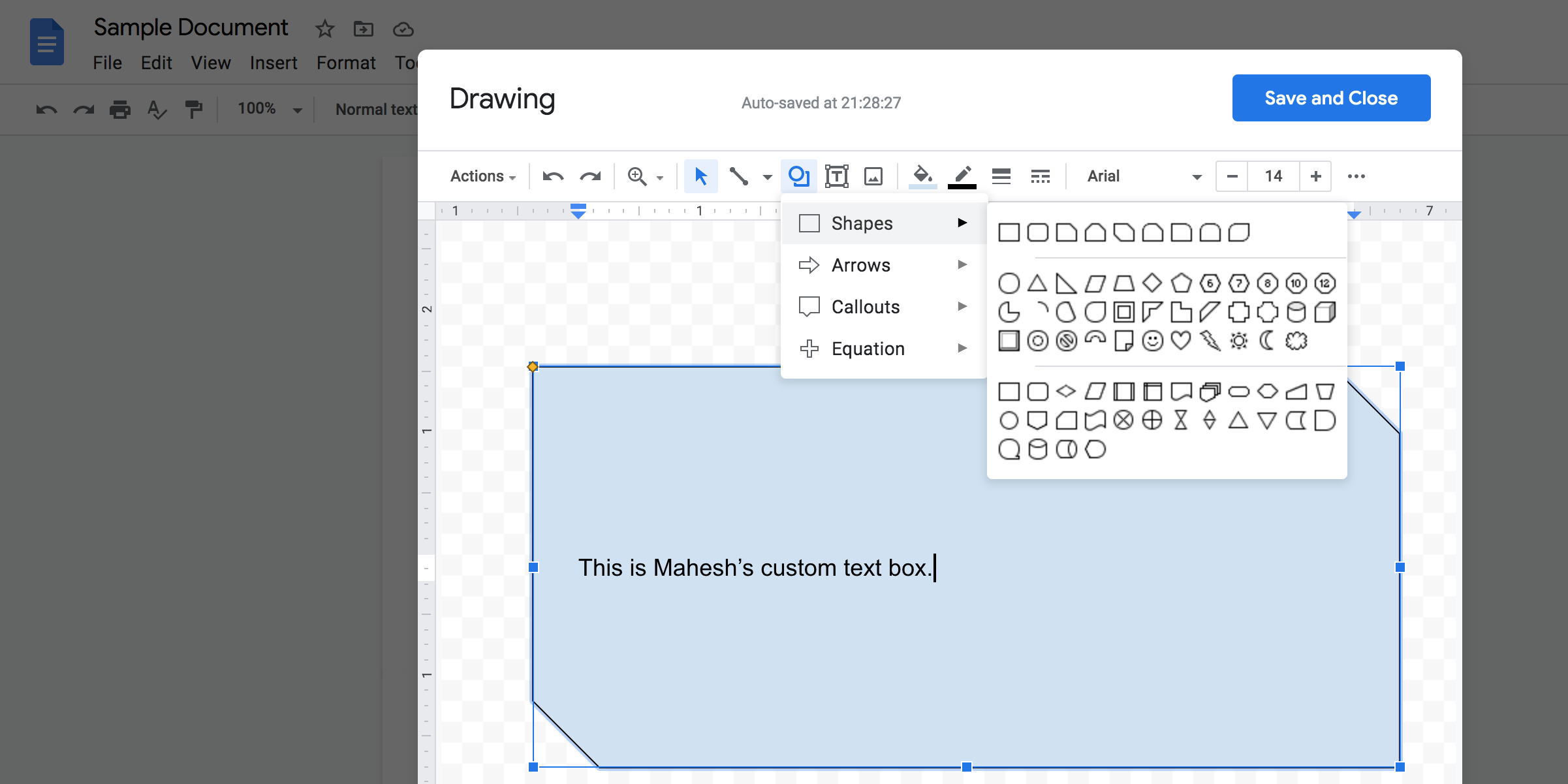 Пример фигурного текстового поля в Google Docs