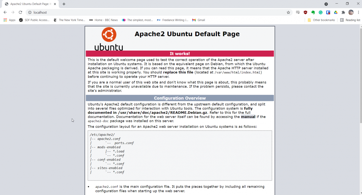 Страница теста Apache в Ubuntu WSL
