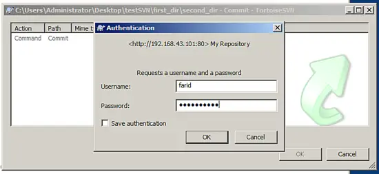 Janela de autenticação para commit