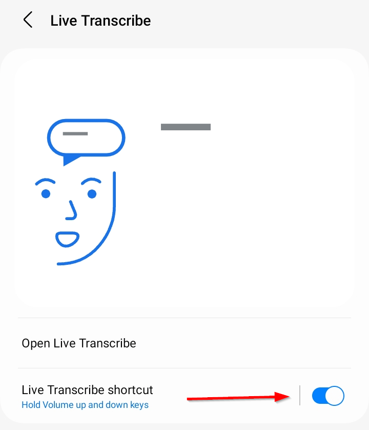 Переключатель «Ярлык Live Transcribe» в настройках