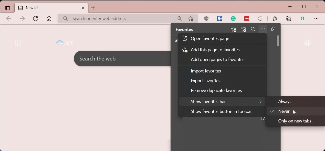Панель избранного в Microsoft Edge, скрыть или показать