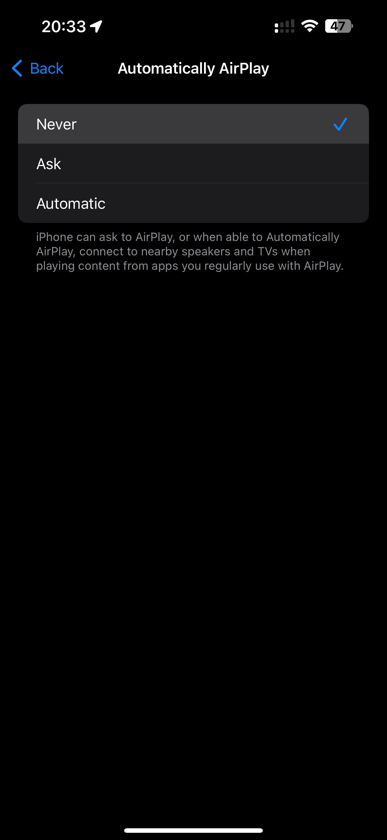 iOS 17 AirPlay settings with the Automatically AirPlay option set to Never