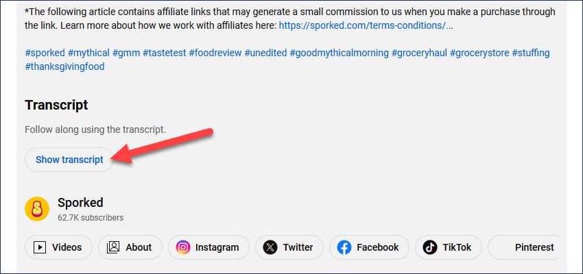 Кнопка «Показать транскрипт» в описании видео на YouTube.