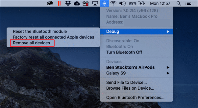 Click Remove All Devices in the Bluetooth Debug menu to remove all Bluetooth devices