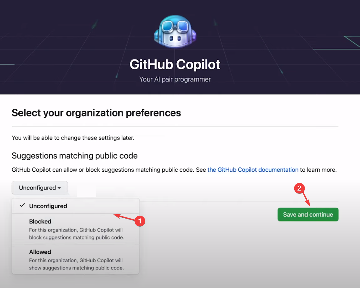 Кнопка «Сохранить и продолжить» в настройках Copilot