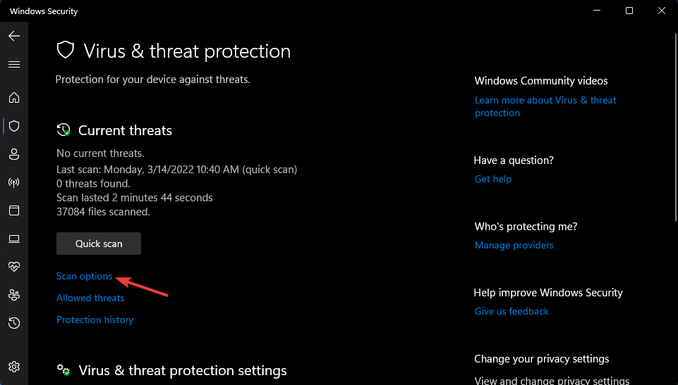 Опции сканирования в Windows Security