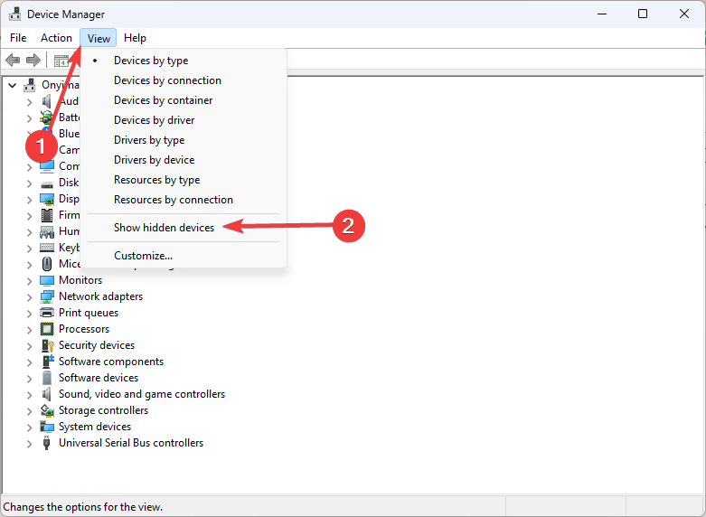 Пункт меню Вид — показывать скрытые устройства