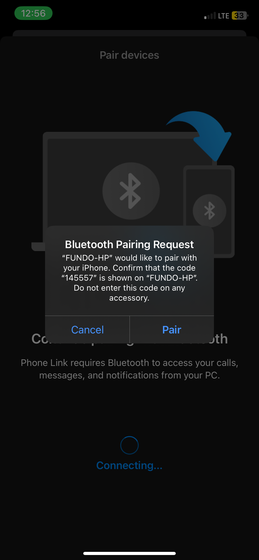 Подсказка с кодом спаривания в Link to Windows на iPhone.