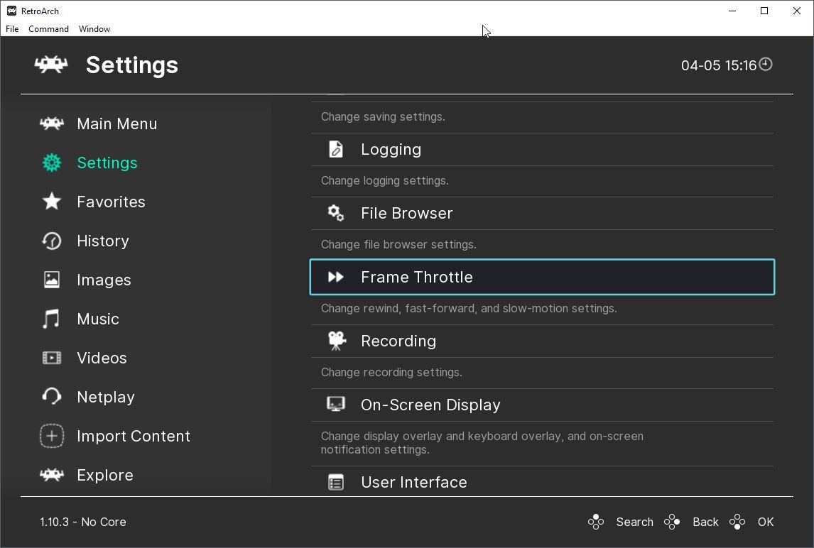 Настройки Frame Throttle и Rewind