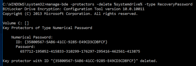 Новая строка с ключом восстановления, показанная в командной строке