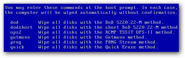 Интерфейс DBAN с пунктами меню