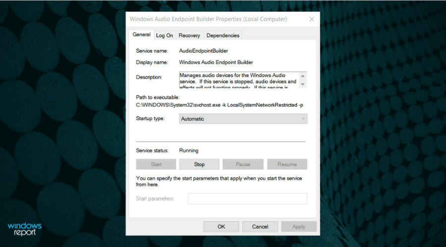 Свойства службы 'Windows Audio Endpoint Builder'