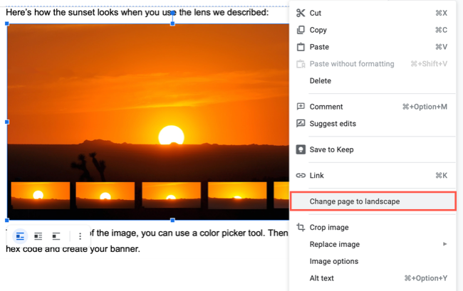 Выделите элемент, щёлкните правой кнопкой и выберите Поменять страницу на альбомную или Поменять страницу на книжную
