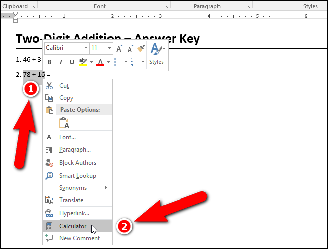 Выбор пункта Calculator в контекстном меню Word