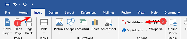 Finestra per ottenere componenti aggiuntivi in Word