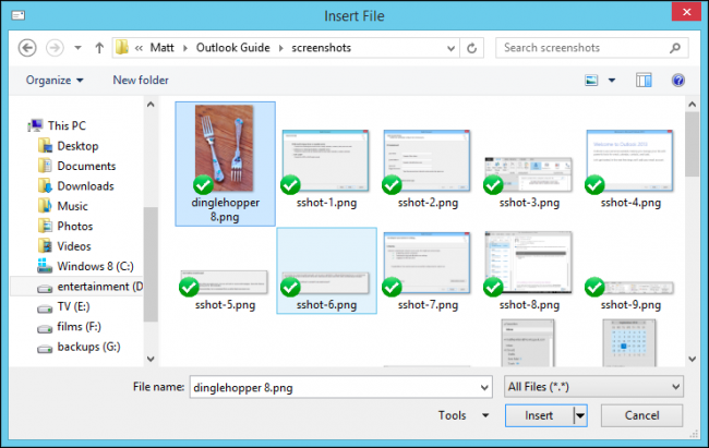 Кнопка вставки файла в ленте Outlook