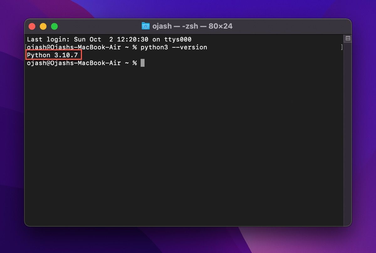 macOS Terminal showing installed Python 3 version