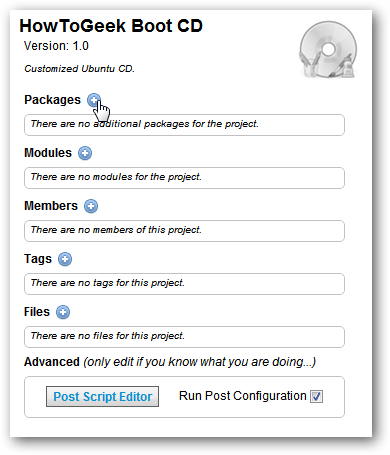 Добавление пакета: кнопка плюс рядом с разделом Пакеты