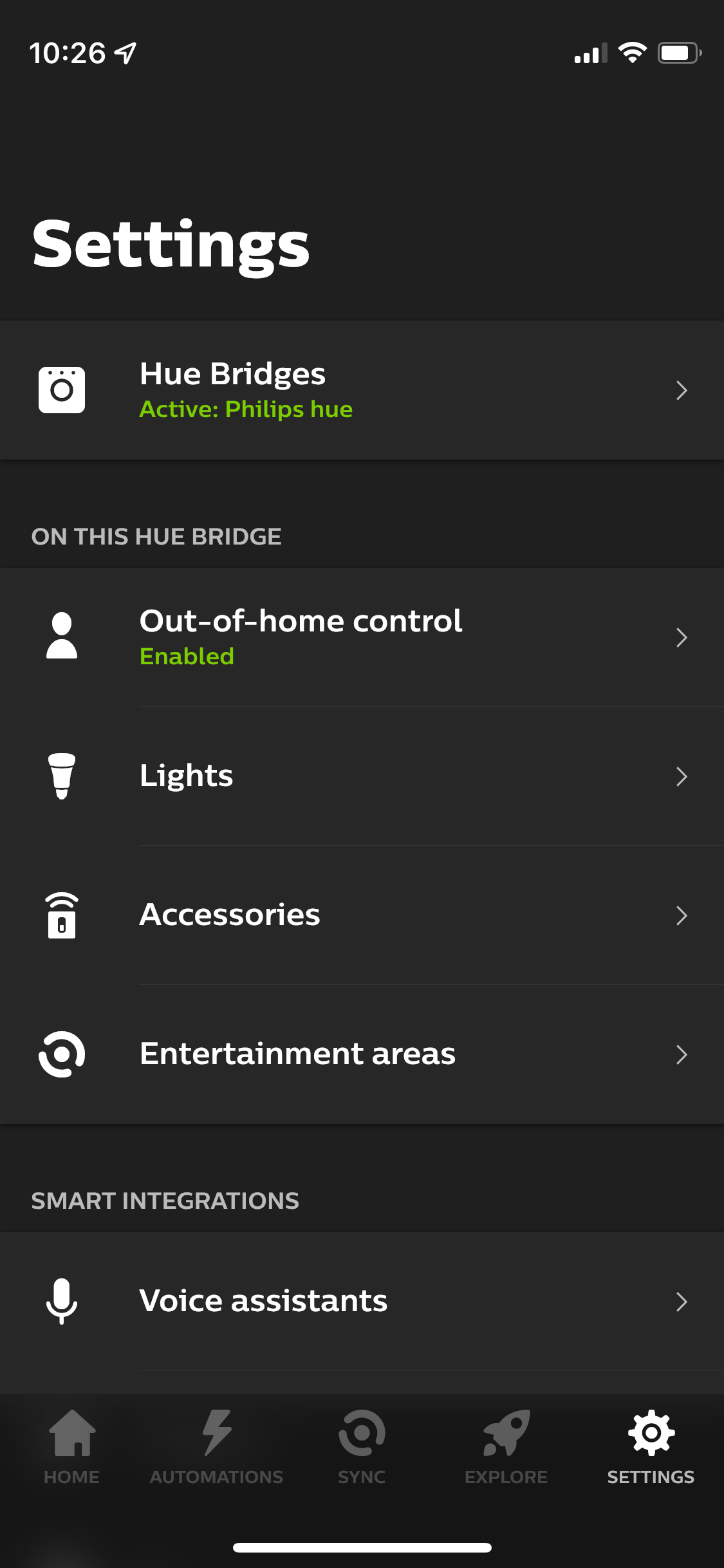 Экран настроек в приложении Hue