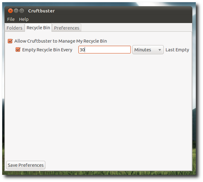 Вкладка с параметрами очистки корзины