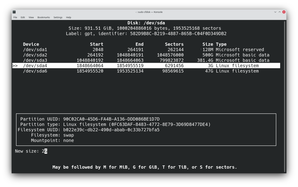 Изменение размера раздела на 2GB