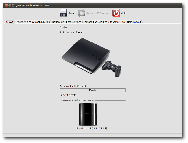 Вкладка статуса PS3MediaServer показывает процесс поиска PS3 в сети