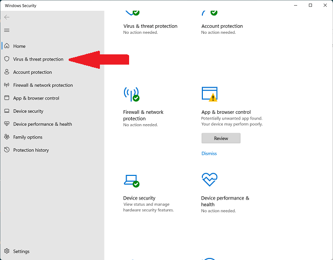 Sezione Virus e minacce in Windows Security